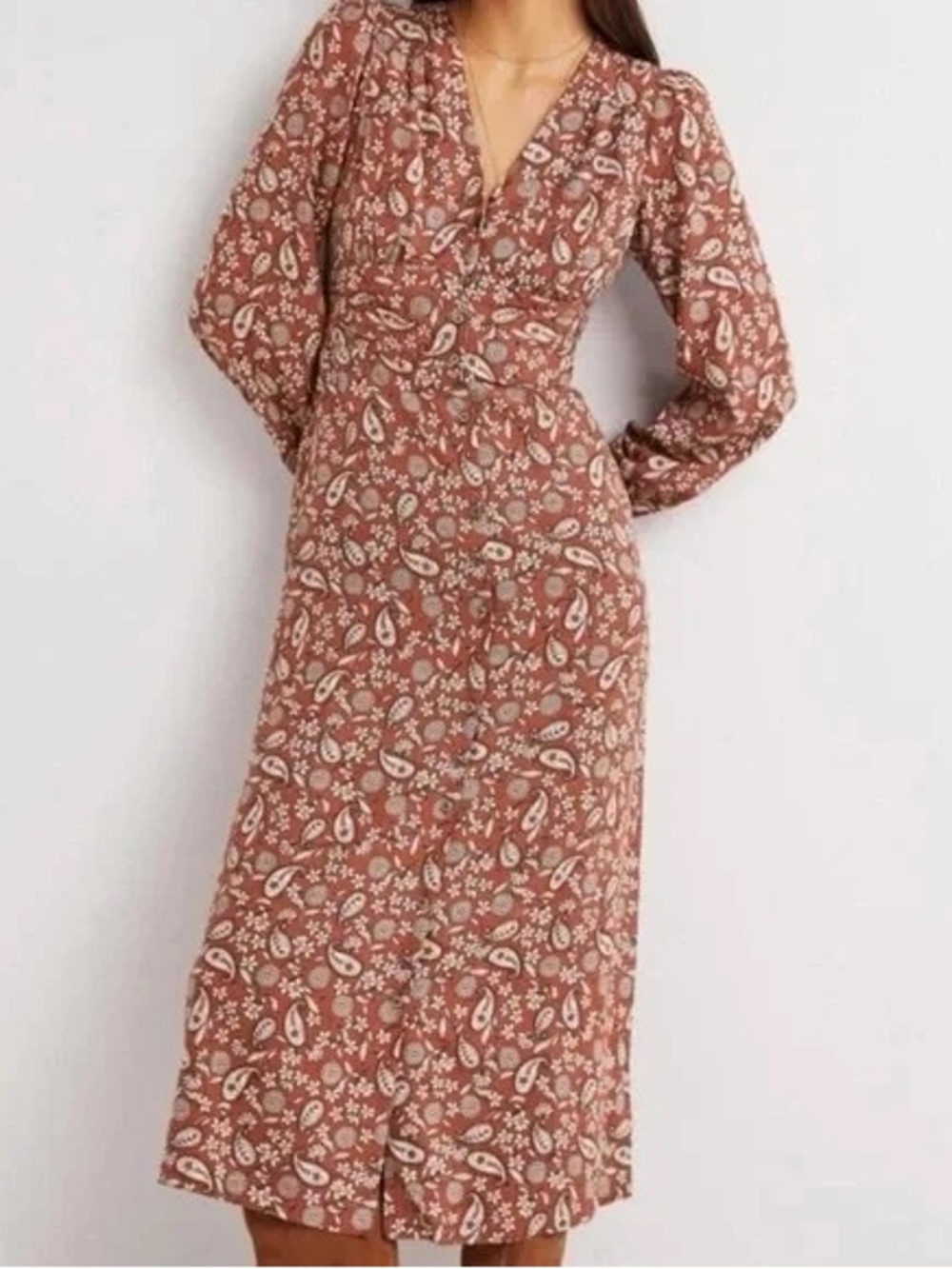 Boden Rust Floral Paisley V‑Neck Long Sleeve Midi Dress